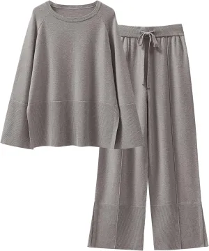ANRABESS Womens 2 Piece Outfits Oversized Knit Sweater Set Wide Leg Pant Cozy Lounge Matching Pajama Sets 2024 Trendy Clothes