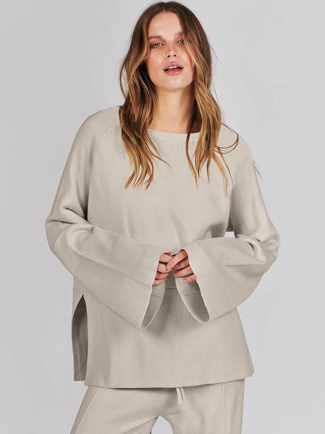 ANRABESS Womens 2 Piece Outfits Oversized Knit Sweater Set Wide Leg Pant Cozy Lounge Matching Pajama Sets 2024 Trendy Clothes