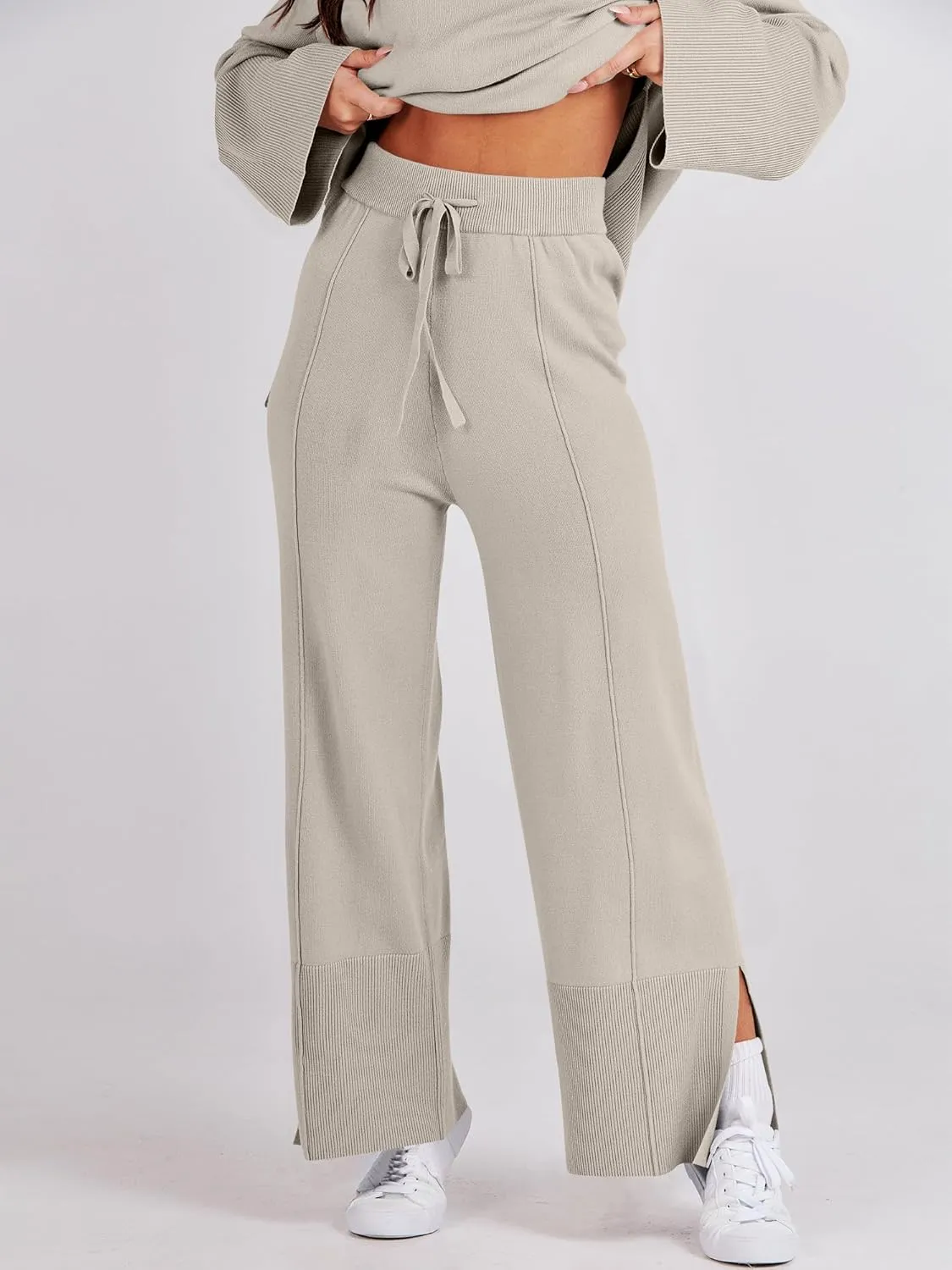 ANRABESS Womens 2 Piece Outfits Oversized Knit Sweater Set Wide Leg Pant Cozy Lounge Matching Pajama Sets 2024 Trendy Clothes