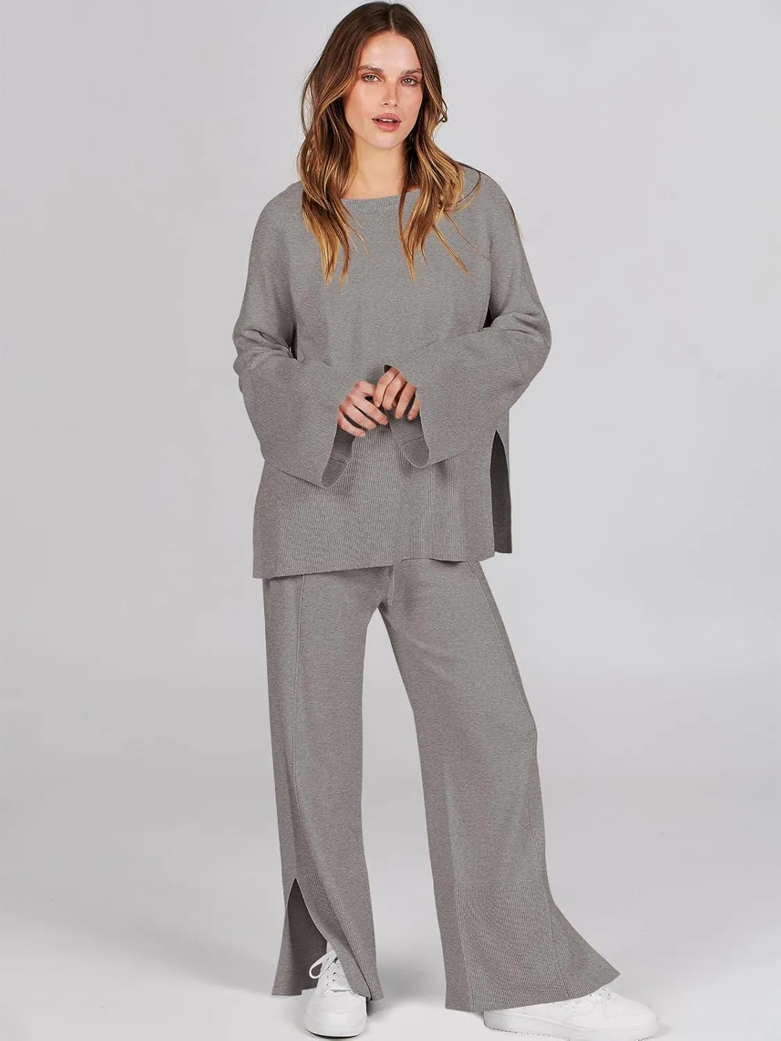 ANRABESS Womens 2 Piece Outfits Oversized Knit Sweater Set Wide Leg Pant Cozy Lounge Matching Pajama Sets 2024 Trendy Clothes
