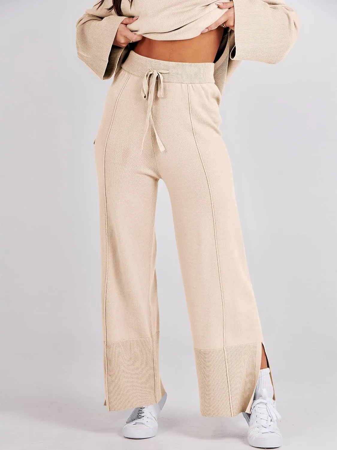 ANRABESS Womens 2 Piece Outfits Oversized Knit Sweater Set Wide Leg Pant Cozy Lounge Matching Pajama Sets 2024 Trendy Clothes