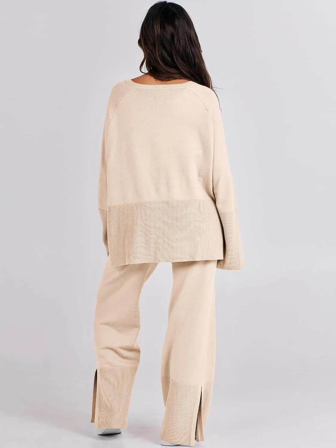 ANRABESS Womens 2 Piece Outfits Oversized Knit Sweater Set Wide Leg Pant Cozy Lounge Matching Pajama Sets 2024 Trendy Clothes