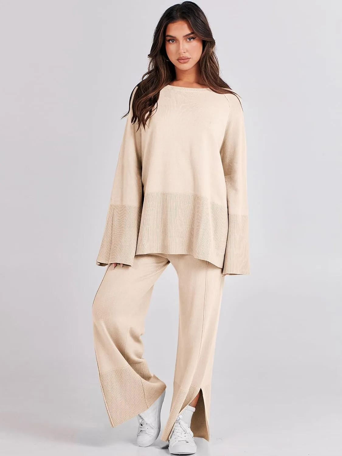 ANRABESS Womens 2 Piece Outfits Oversized Knit Sweater Set Wide Leg Pant Cozy Lounge Matching Pajama Sets 2024 Trendy Clothes