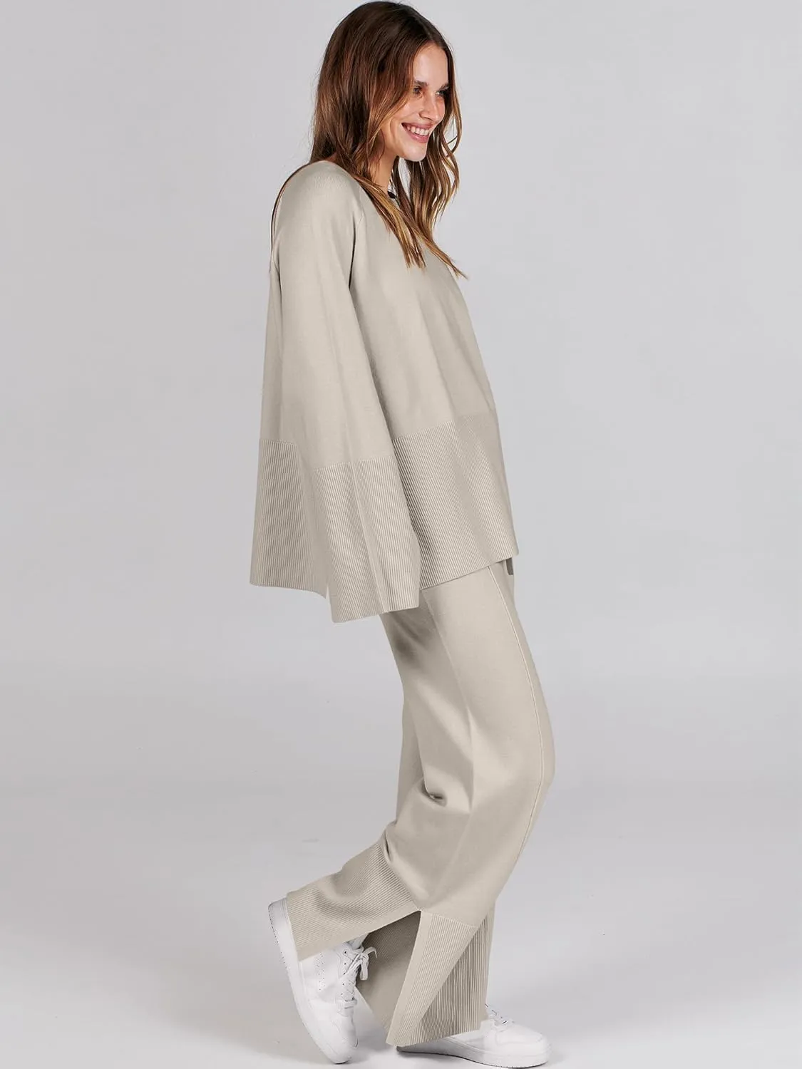ANRABESS Womens 2 Piece Outfits Oversized Knit Sweater Set Wide Leg Pant Cozy Lounge Matching Pajama Sets 2024 Trendy Clothes
