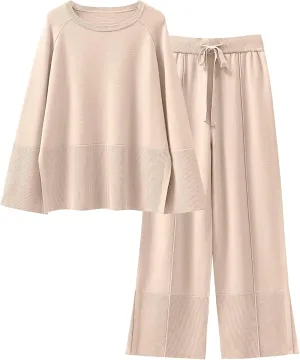 ANRABESS Womens 2 Piece Outfits Oversized Knit Sweater Set Wide Leg Pant Cozy Lounge Matching Pajama Sets 2024 Trendy Clothes