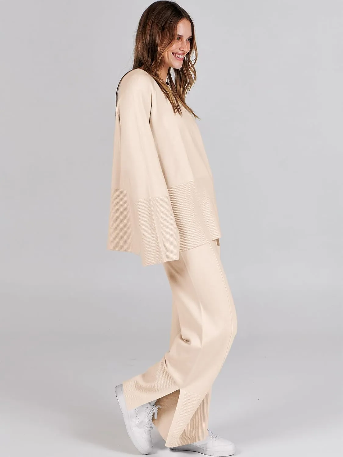 ANRABESS Womens 2 Piece Outfits Oversized Knit Sweater Set Wide Leg Pant Cozy Lounge Matching Pajama Sets 2024 Trendy Clothes