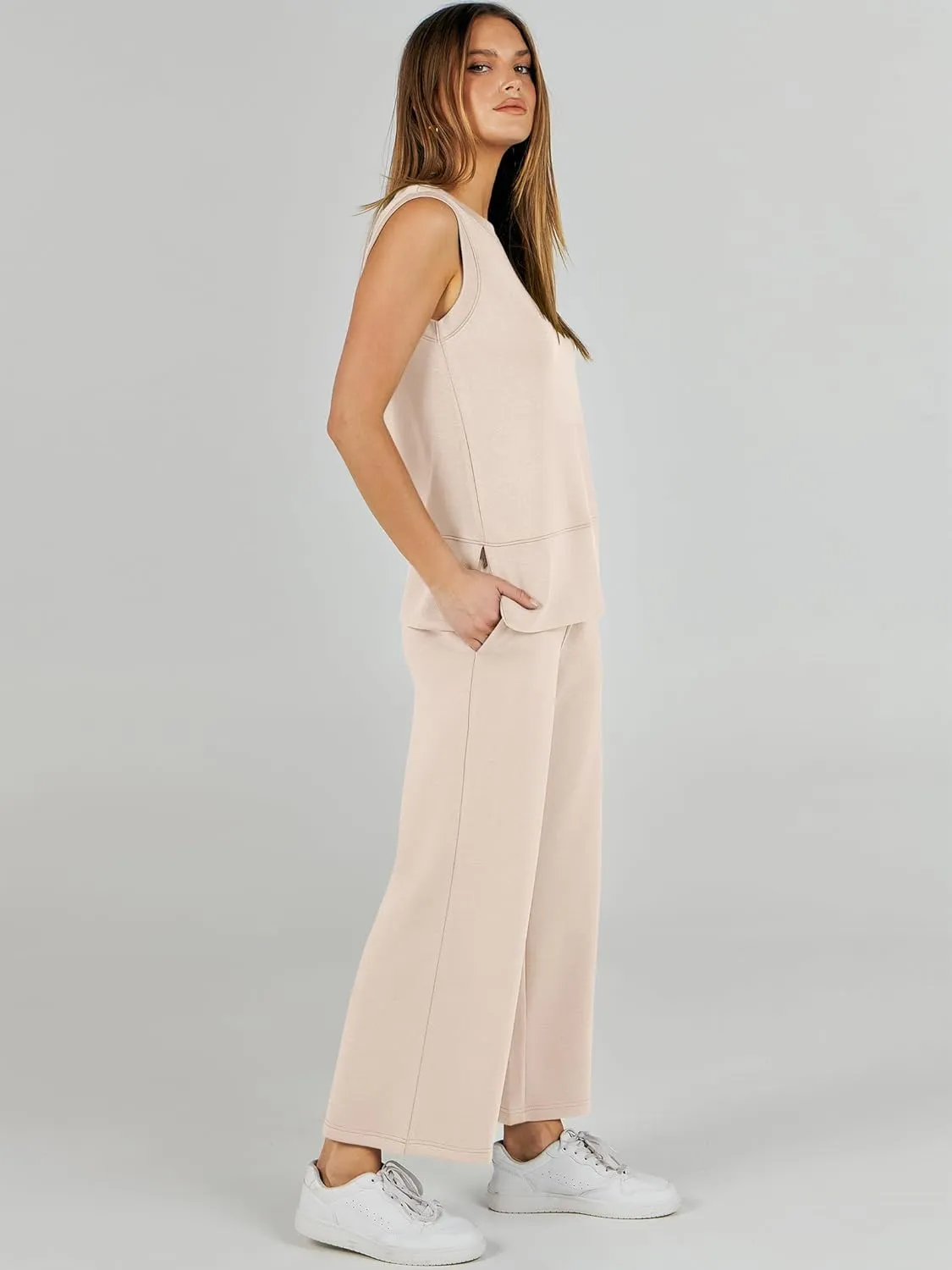 ANRABESS Women's 2 Piece Sets Summer Travel Airplane Outfits Sleeveless Wide Leg Casual Lounge Matching Sweat Set Sweatsuits