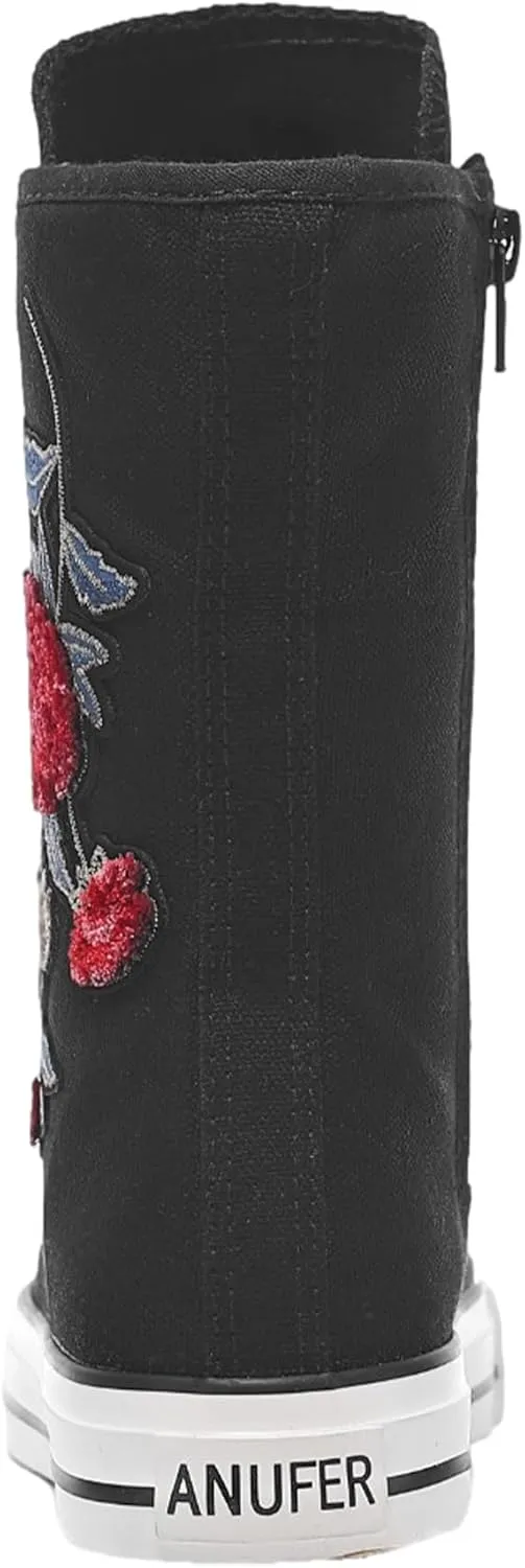ANUFER Womens Girls Fashion Mid-Calf Canvas Boots Casual High Top Lace Up Canvas Sneakers