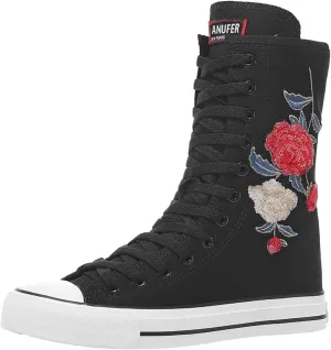 ANUFER Womens Girls Fashion Mid-Calf Canvas Boots Casual High Top Lace Up Canvas Sneakers