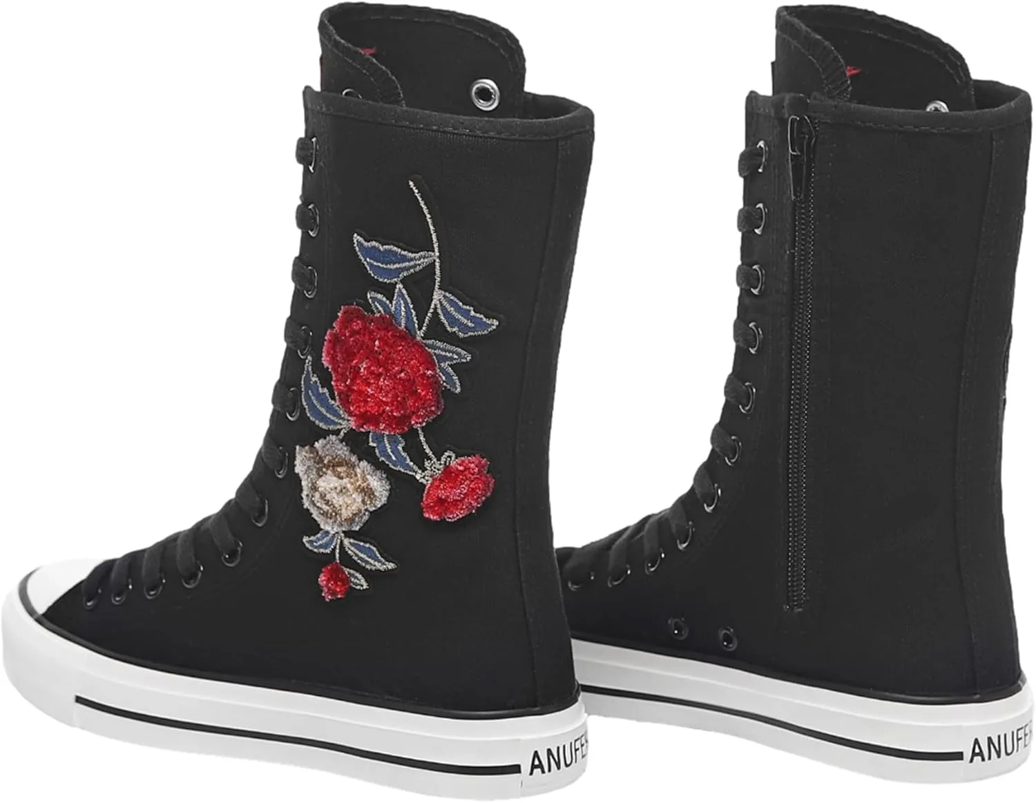ANUFER Womens Girls Fashion Mid-Calf Canvas Boots Casual High Top Lace Up Canvas Sneakers