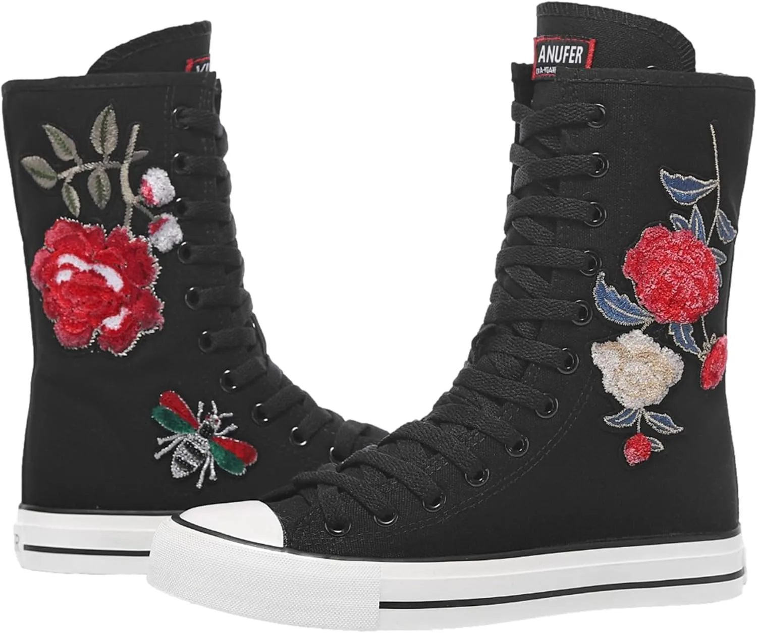 ANUFER Womens Girls Fashion Mid-Calf Canvas Boots Casual High Top Lace Up Canvas Sneakers