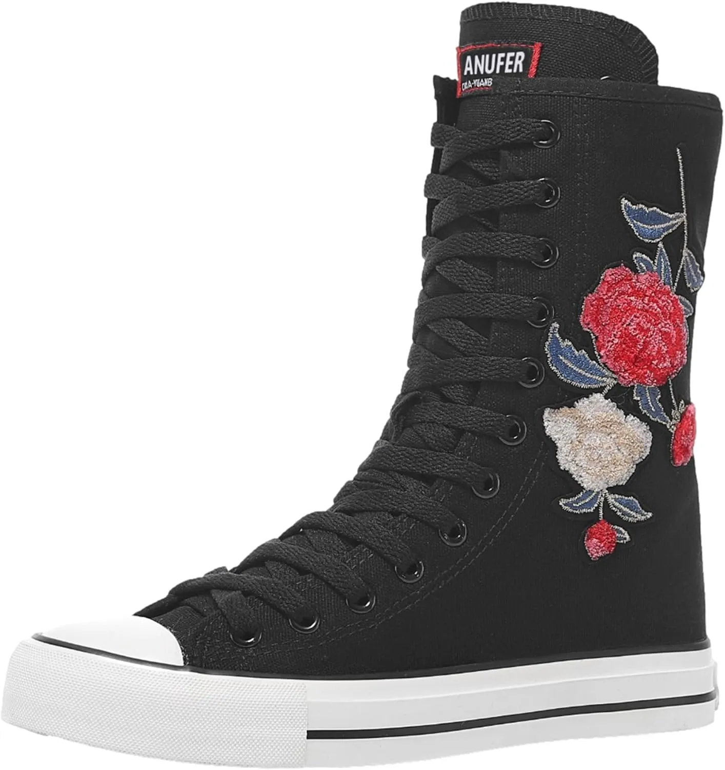 ANUFER Womens Girls Fashion Mid-Calf Canvas Boots Casual High Top Lace Up Canvas Sneakers