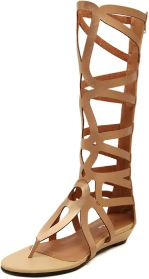 ANUFER Womens Knee High Roman Gladiator Sandals Rivets Studded Strappy Zipper Thong Sandals