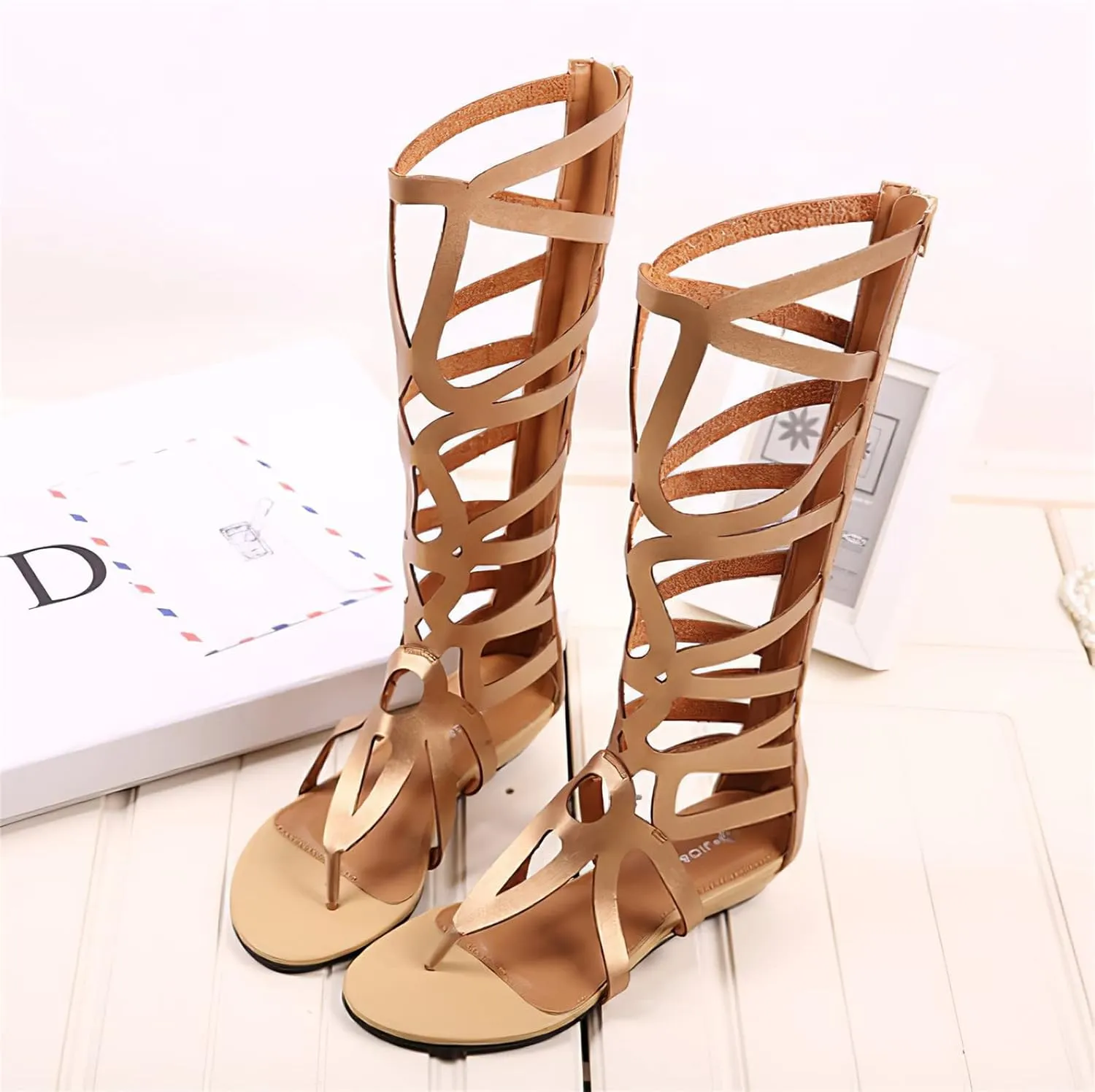 ANUFER Womens Knee High Roman Gladiator Sandals Rivets Studded Strappy Zipper Thong Sandals