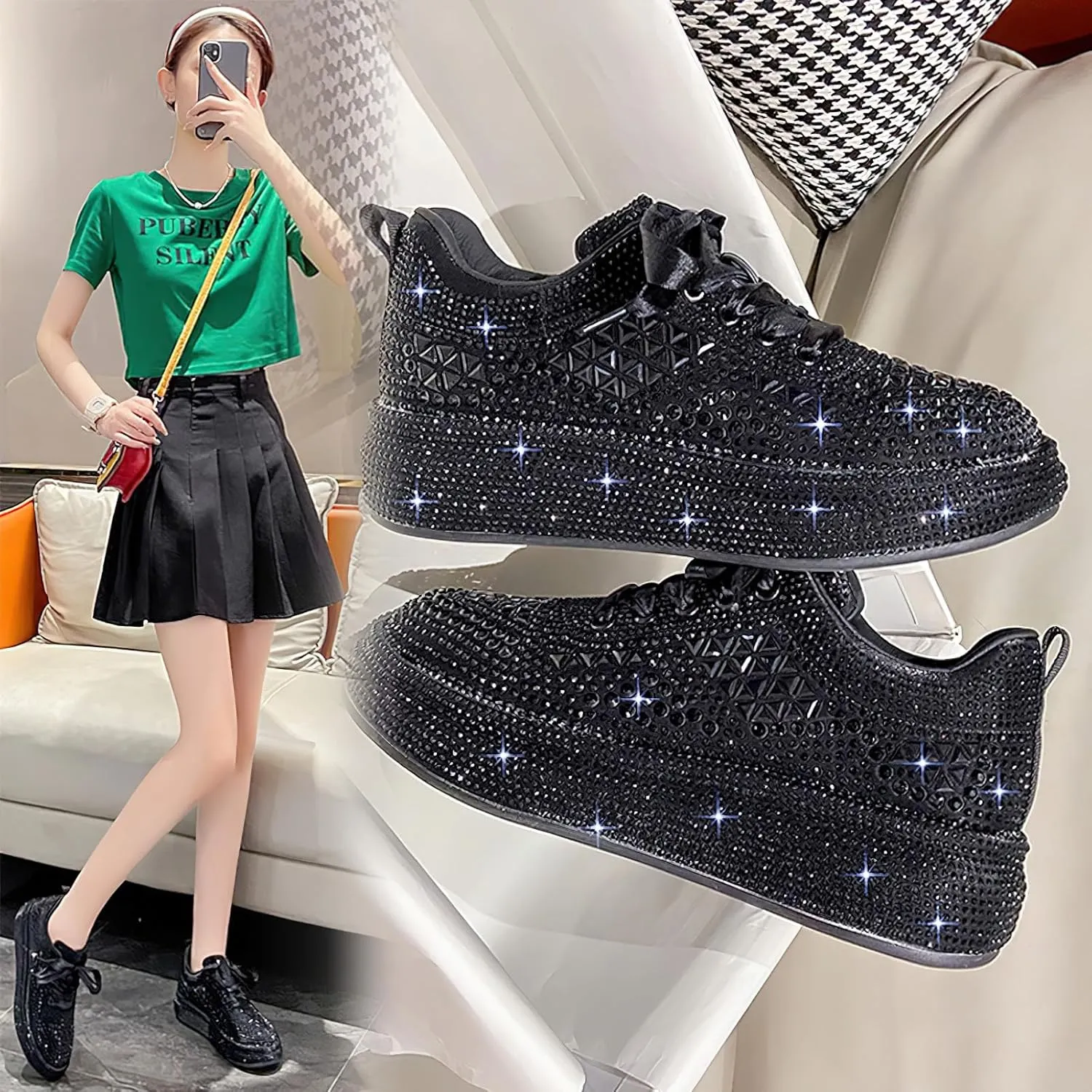 ANUFER Women's Sparkly Starry Rhinestones Trainers Fashion Platform Lace-Up Bling Sneakers