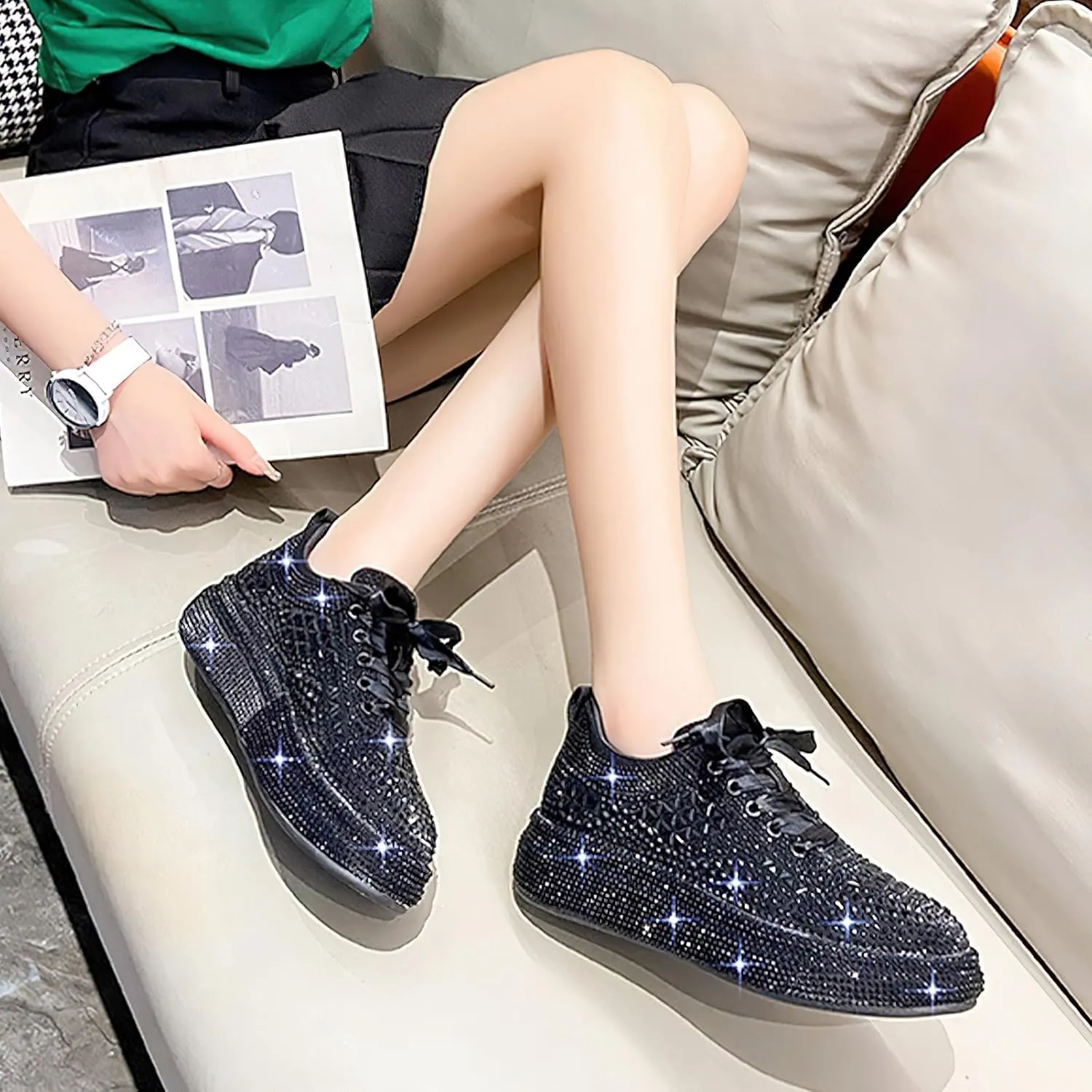 ANUFER Women's Sparkly Starry Rhinestones Trainers Fashion Platform Lace-Up Bling Sneakers