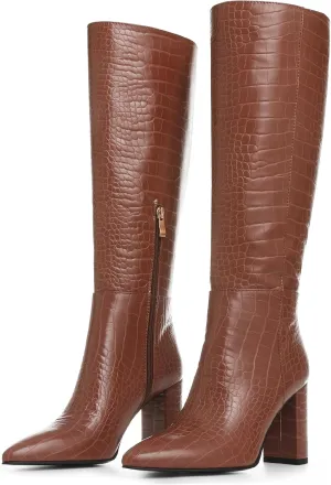 AOSPHIRAYLIAN Knee High Boots Women Snake Faux Crocodile Boots Long Tall Boots Pointed Toe Chunky High Heel Boots with Zipper Block Heel Fashion Dress Boots Pull On Size 6-10