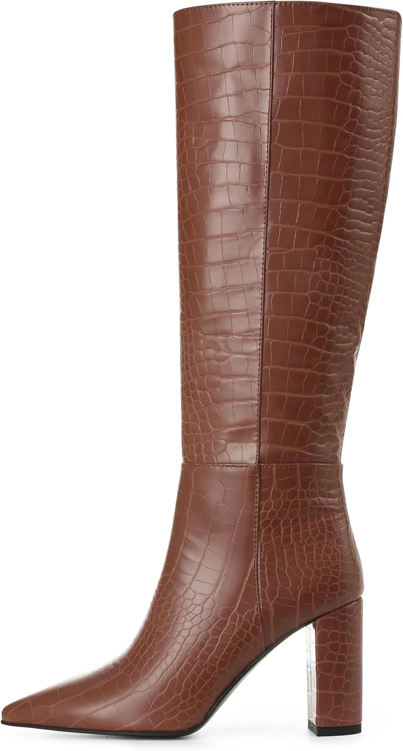 AOSPHIRAYLIAN Knee High Boots Women Snake Faux Crocodile Boots Long Tall Boots Pointed Toe Chunky High Heel Boots with Zipper Block Heel Fashion Dress Boots Pull On Size 6-10