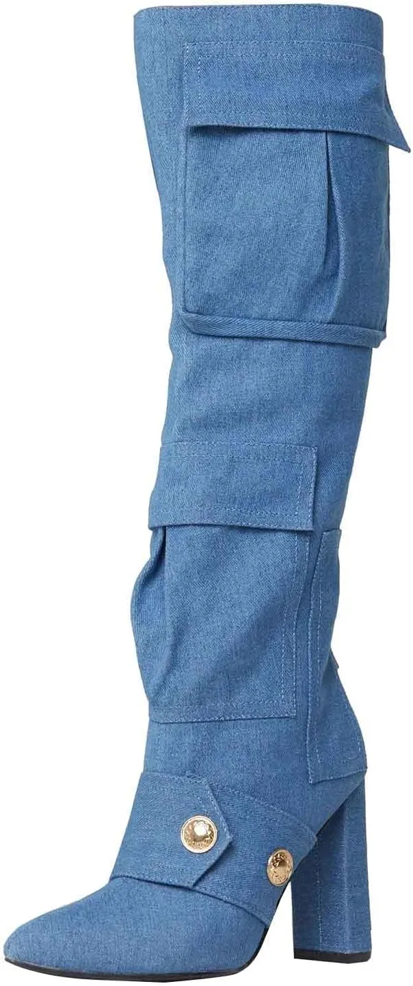 Arqa Women's Camo Knee High Boots Pointed Toe Block Heel Camouflage Boot with Metal Buttons Multiple Pockets Boot