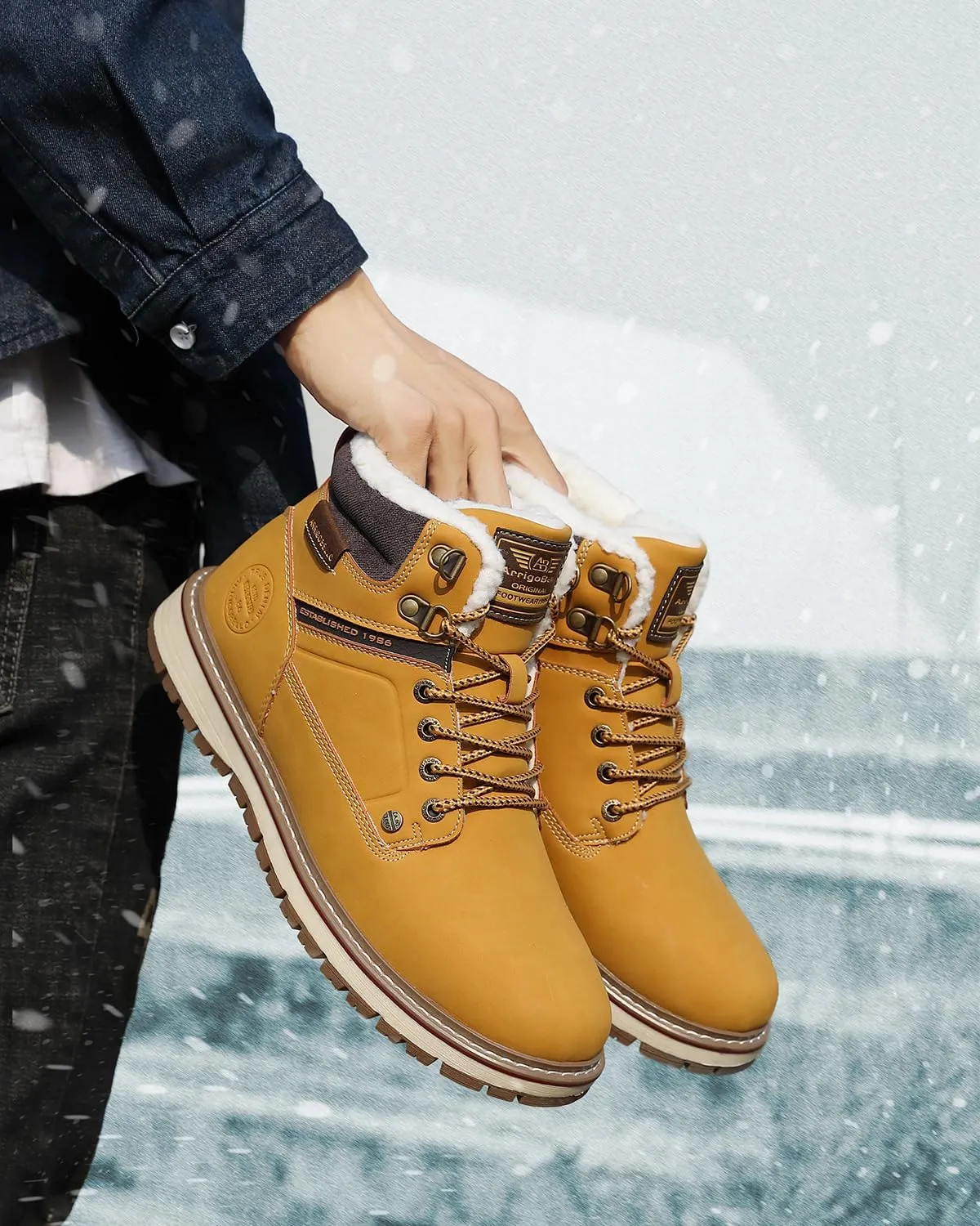 ARRIGO BELLO Mens Winter Boots Snow Casual Booties Warm Fur Mesh Lined Ankle Outdoor Lightweight Non-Slip Trekking Walking Leather Shoes