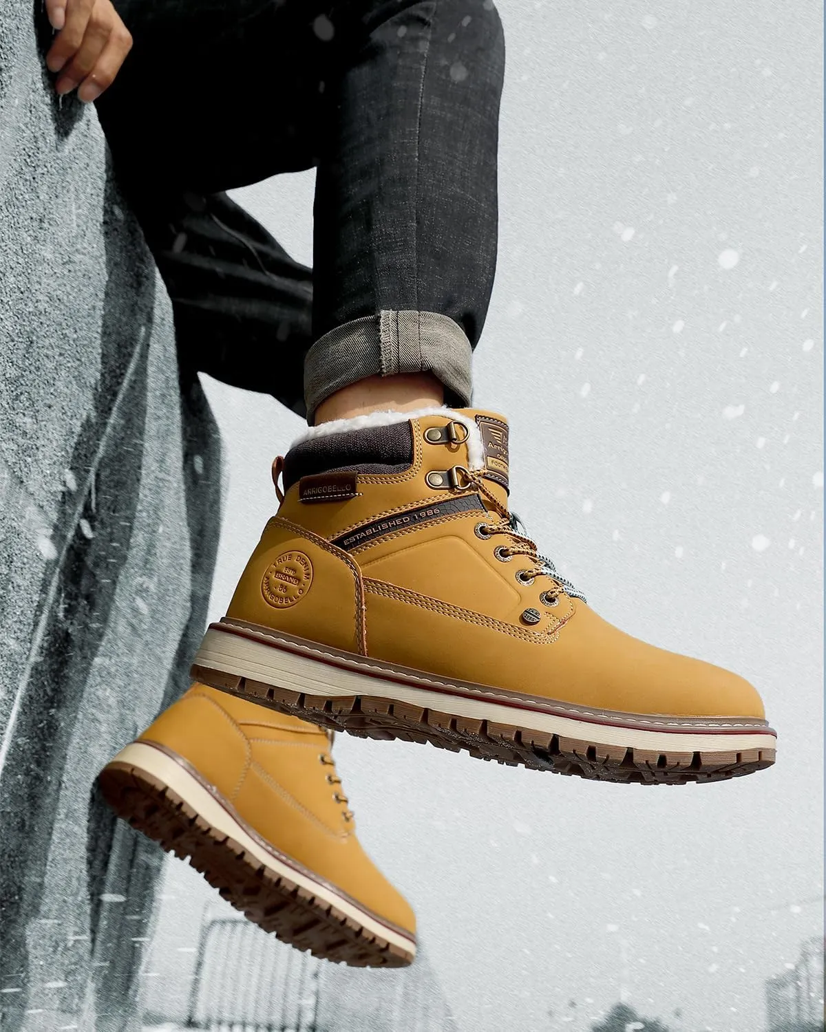 ARRIGO BELLO Mens Winter Boots Snow Casual Booties Warm Fur Mesh Lined Ankle Outdoor Lightweight Non-Slip Trekking Walking Leather Shoes