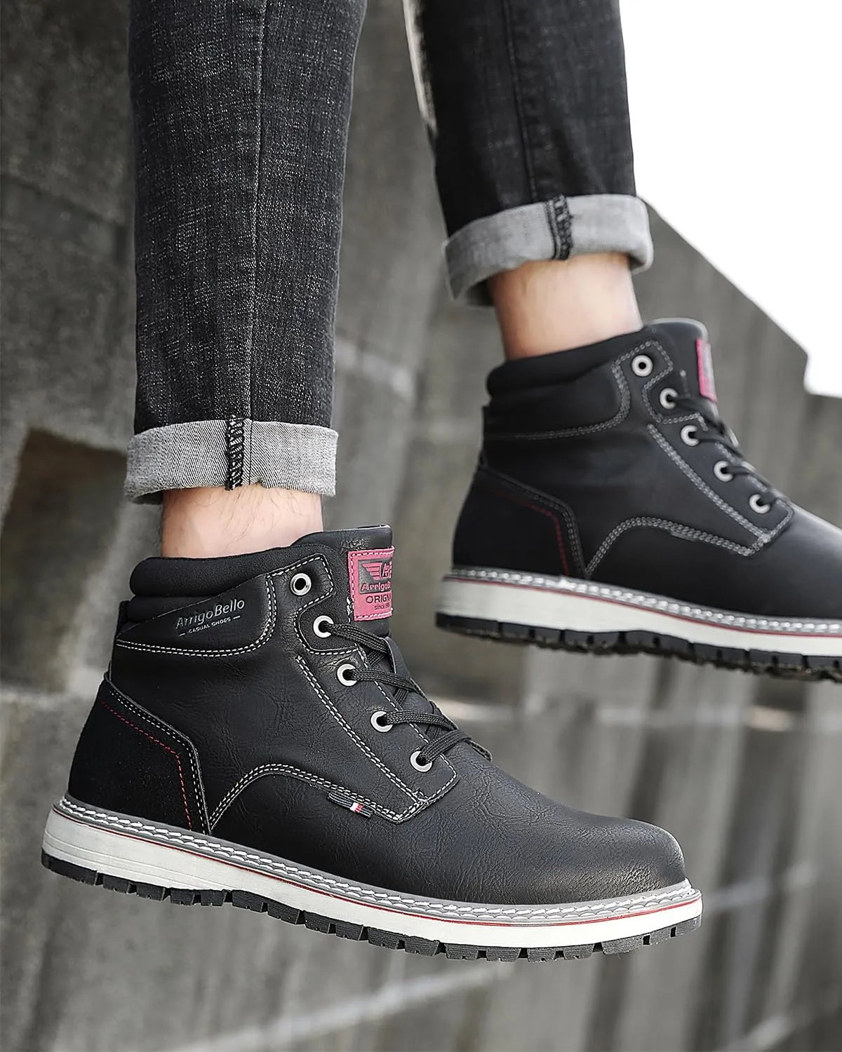 ARRIGO BELLO Mens Winter Boots Snow Casual Booties Warm Fur Mesh Lined Ankle Outdoor Lightweight Non-Slip Trekking Walking Leather Shoes