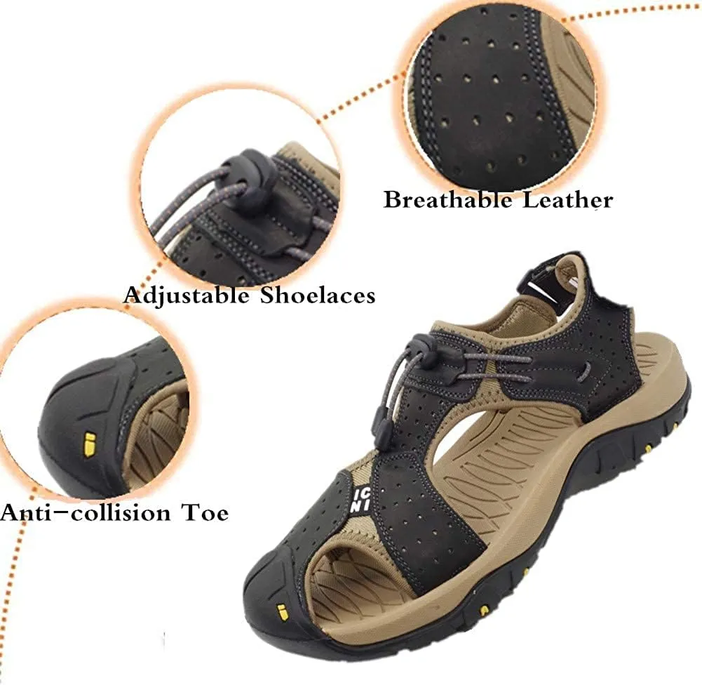 Asifn Men's Outdoor Hiking Leather Sandals Water Shoes Slides Closed Toe Sport Walking Fishermen Climbing Summer Athletic