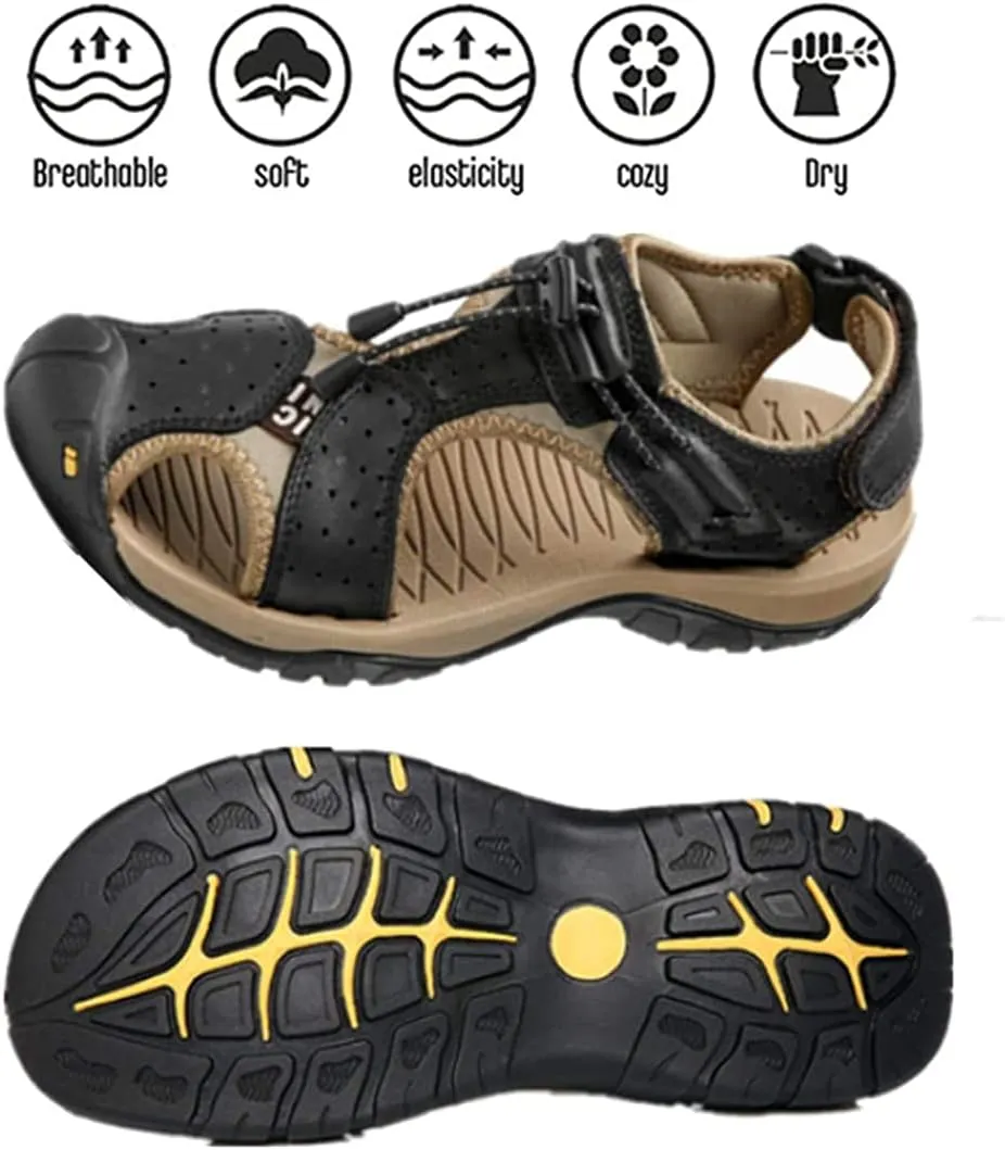 Asifn Men's Outdoor Hiking Leather Sandals Water Shoes Slides Closed Toe Sport Walking Fishermen Climbing Summer Athletic
