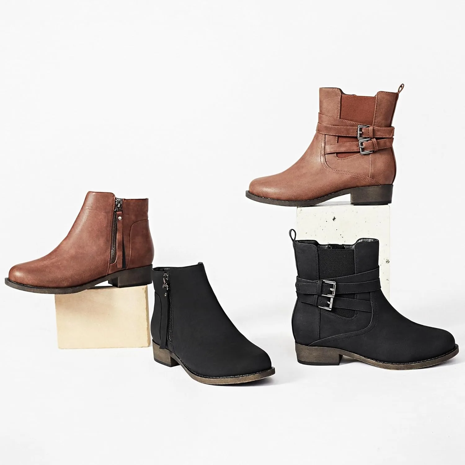 Ataiwee Women's Ankle Boots - Classic Side Zip, Comfortable Platform, Cover with Buckle Strap, Round Toe, Low Chunky Heel Comfort Slip On Fashion (Black/Dark Brown/Grey) Boots.
