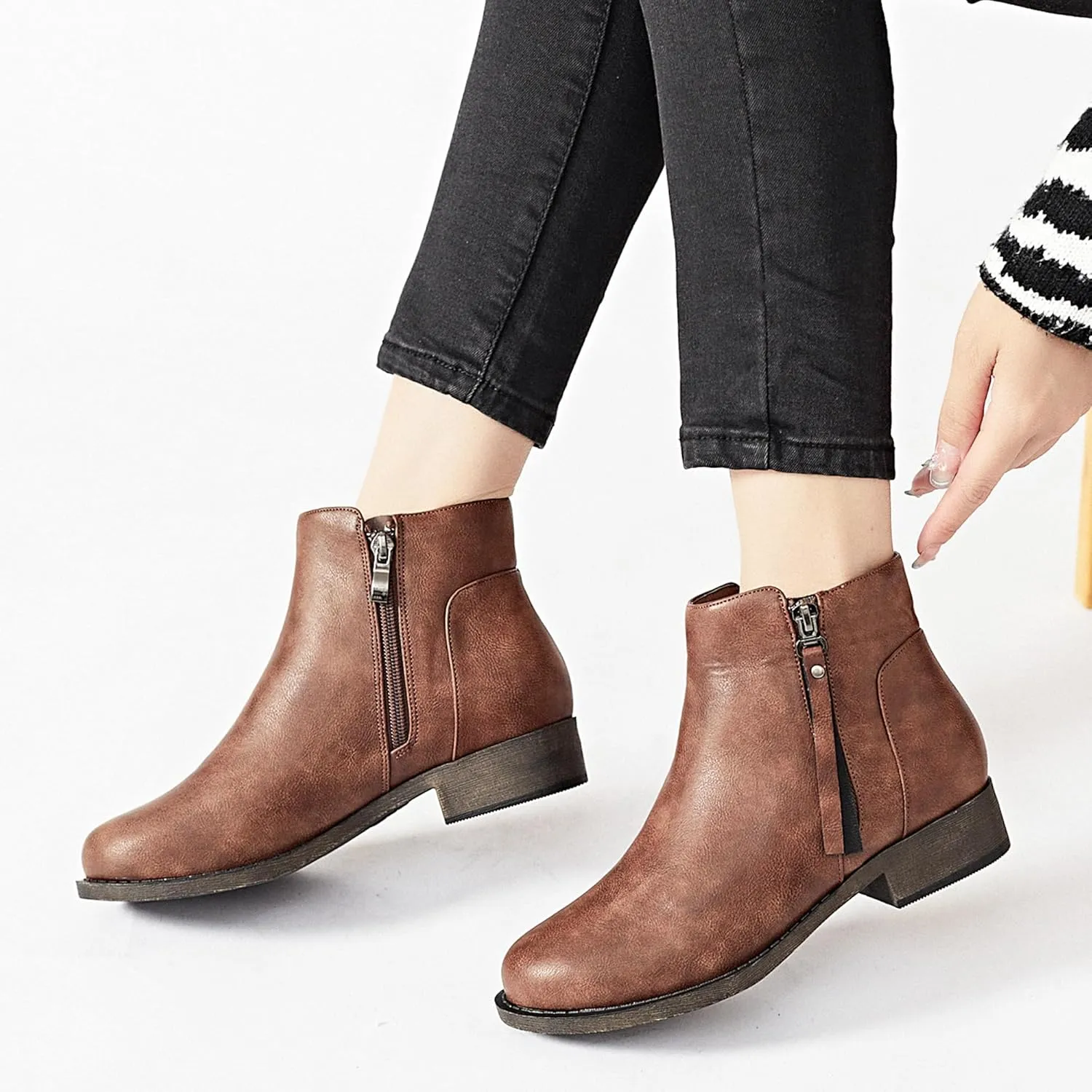 Ataiwee Women's Ankle Boots - Classic Side Zip, Comfortable Platform, Cover with Buckle Strap, Round Toe, Low Chunky Heel Comfort Slip On Fashion (Black/Dark Brown/Grey) Boots.