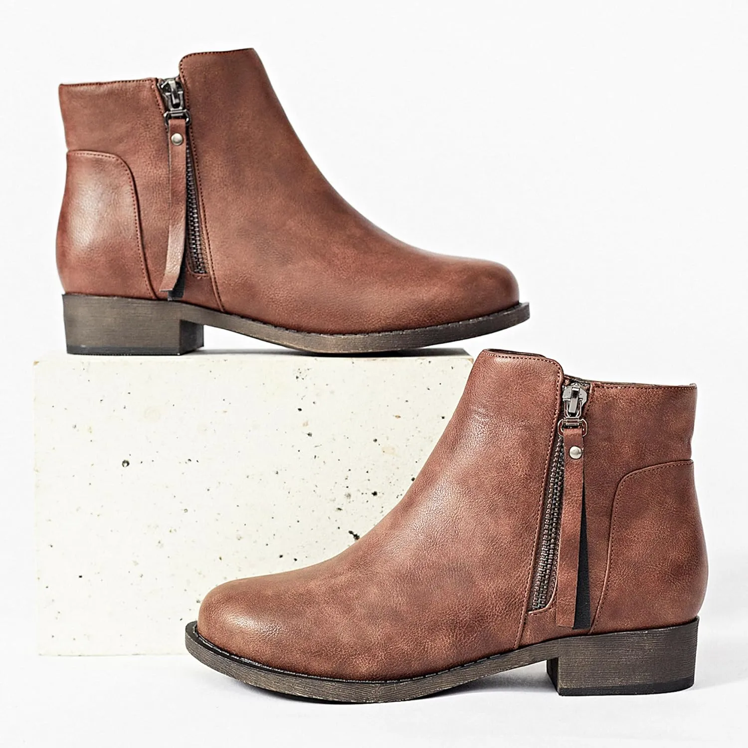 Ataiwee Women's Ankle Boots - Classic Side Zip, Comfortable Platform, Cover with Buckle Strap, Round Toe, Low Chunky Heel Comfort Slip On Fashion (Black/Dark Brown/Grey) Boots.
