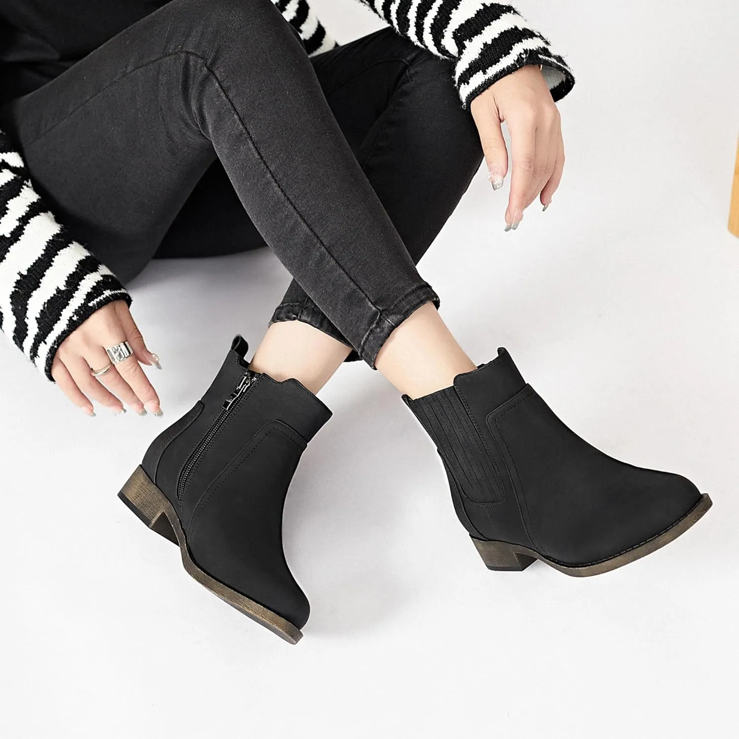 Ataiwee Women's Ankle Boots - Classic Side Zip, Cover with Buckle Strap, Round Toe, Comfortable Platform, Low Chunky Heel Comfort Slip On Fashion (Black/Dark Brown/Grey) Boots.