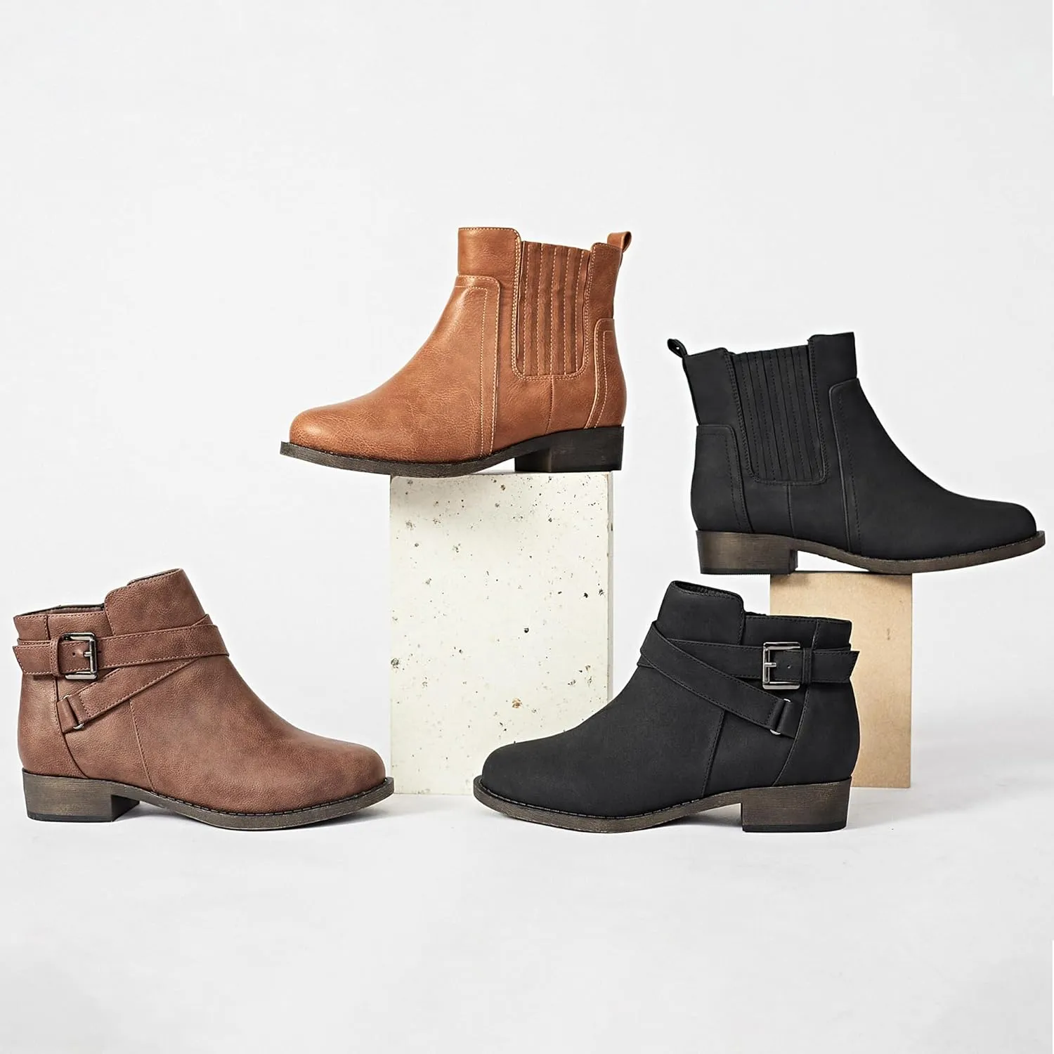 Ataiwee Women's Ankle Boots - Classic Side Zip, Cover with Buckle Strap, Round Toe, Comfortable Platform, Low Chunky Heel Comfort Slip On Fashion (Black/Dark Brown/Grey) Boots.