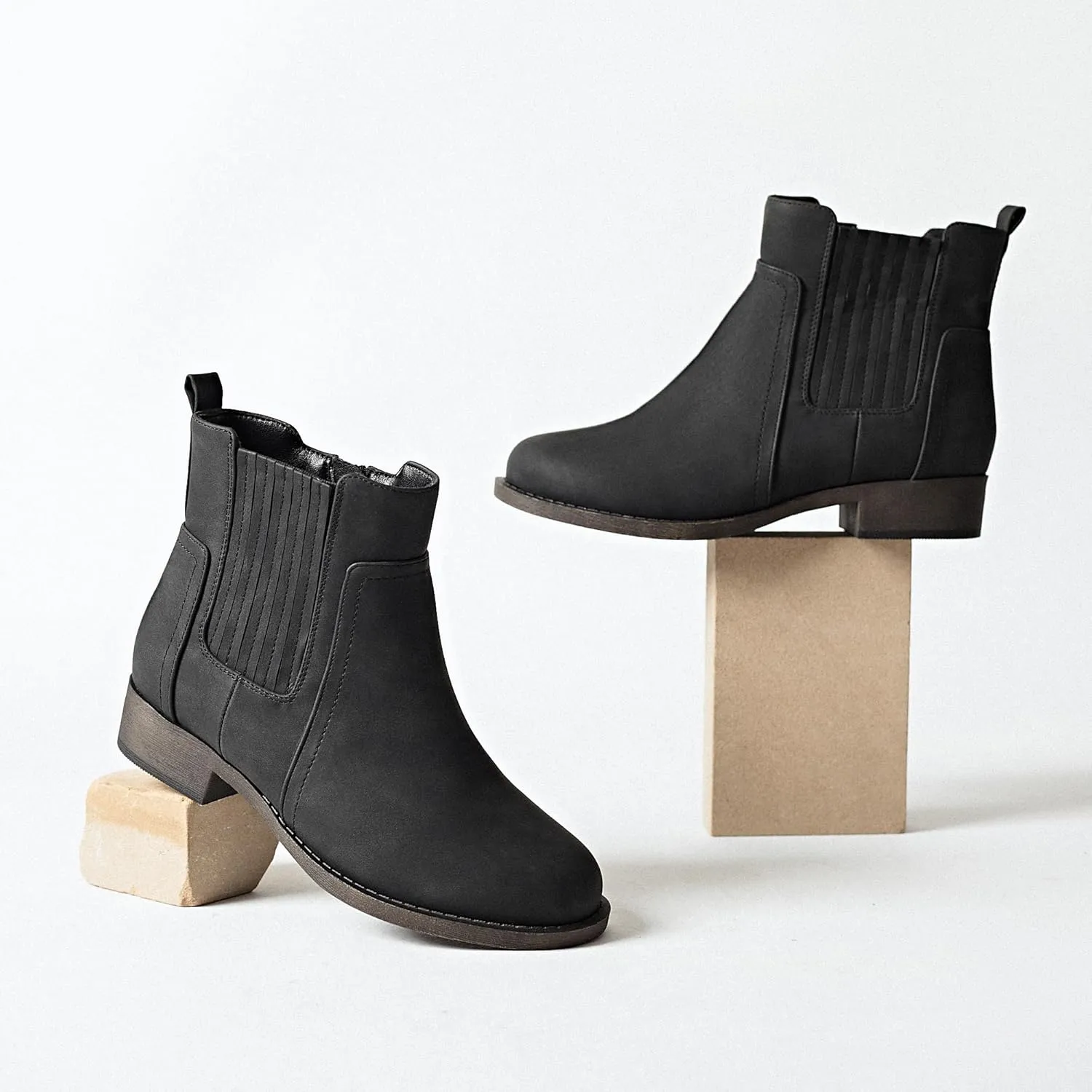 Ataiwee Women's Ankle Boots - Classic Side Zip, Cover with Buckle Strap, Round Toe, Comfortable Platform, Low Chunky Heel Comfort Slip On Fashion (Black/Dark Brown/Grey) Boots.