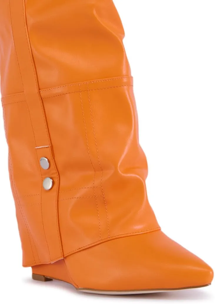 Atuelang Women's Metallic Silver Boots Knee High Fold Over Wedge Heels Pointed Toe Pull-On Tall Boots