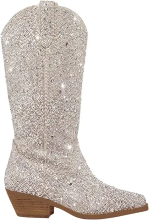 Atuelang Women's Rhinestone Cowboy Boots Sparkly Knee High Boots Fashion Pointed Toe Block Heel Mid Calf Cowgirl Short Ankle Booties