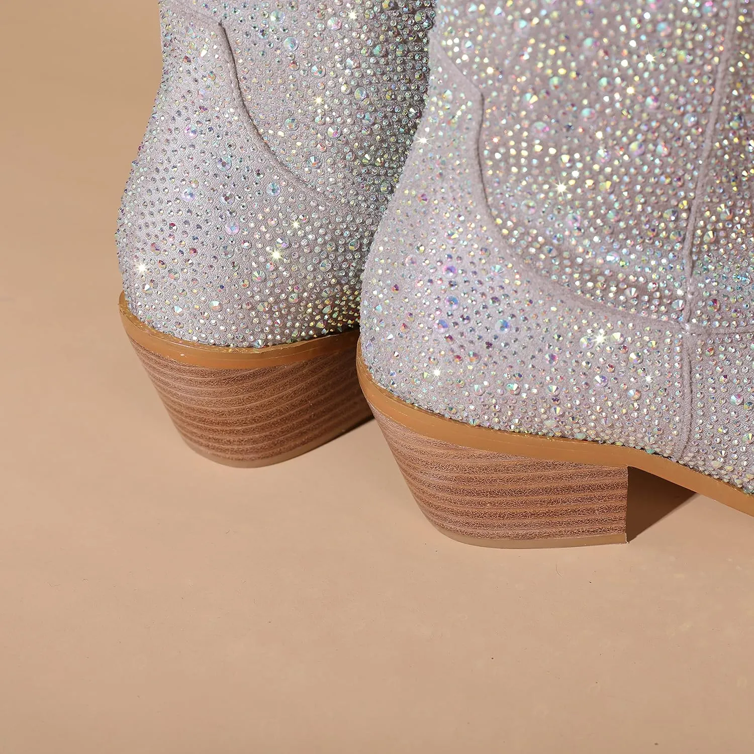 Atuelang Women's Rhinestone Cowboy Boots Sparkly Knee High Boots Fashion Pointed Toe Block Heel Mid Calf Cowgirl Short Ankle Booties