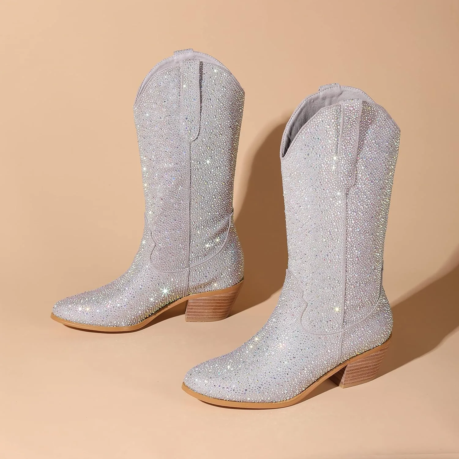 Atuelang Women's Rhinestone Cowboy Boots Sparkly Knee High Boots Fashion Pointed Toe Block Heel Mid Calf Cowgirl Short Ankle Booties