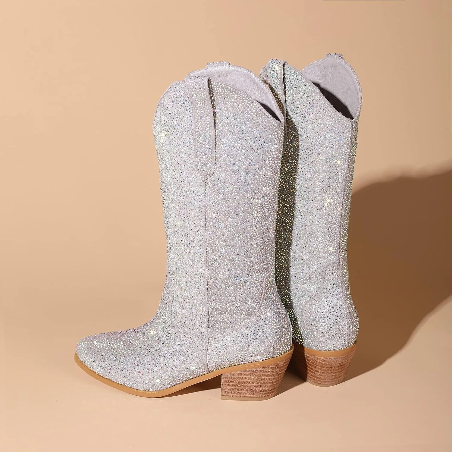 Atuelang Women's Rhinestone Cowboy Boots Sparkly Knee High Boots Fashion Pointed Toe Block Heel Mid Calf Cowgirl Short Ankle Booties