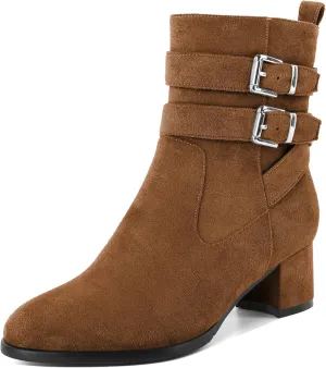 AUMOTED Kitten Low Ankle Boots for Women Chunky Block Heel Bootie Side Zipper Round Toe Double Adjustable Buckle Boots Women 2 Inch Heeled Boots
