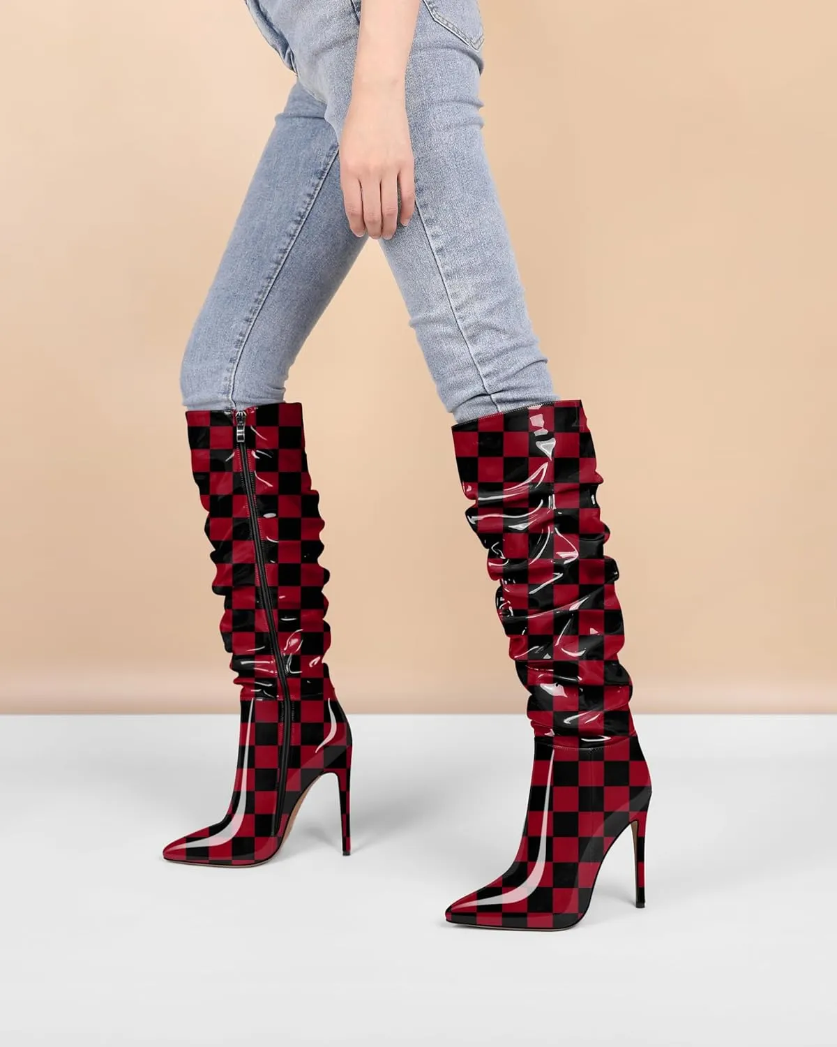 AUMOTED Knee High Boots for Women Stiletto Heel Womens Boots Side Zipper Slouchy High Boots for Women 4.7 Inch Heeled Boots