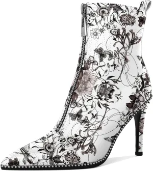 AUMOTED Women Fashion Pointed Toe Heel Boots Sexy Zip Ankle Stilettos Booties with Beaded Boots Party Dress Embroidery High Heels 3.7 Inch