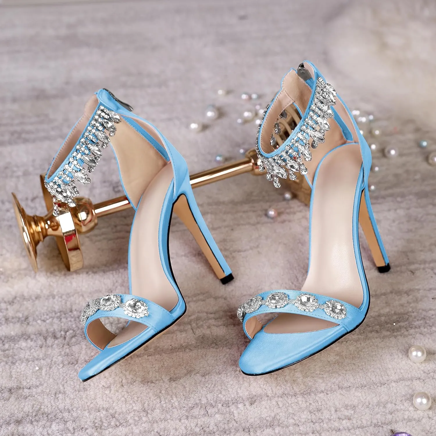 AUMOTED Women's High Heels Open Toe Pumps Stiletto Heeled Sandals Dating Beaded Pumps with Pearl Ankle Buckle Strap Bride Wedding Party Shoes 4.3 Inch