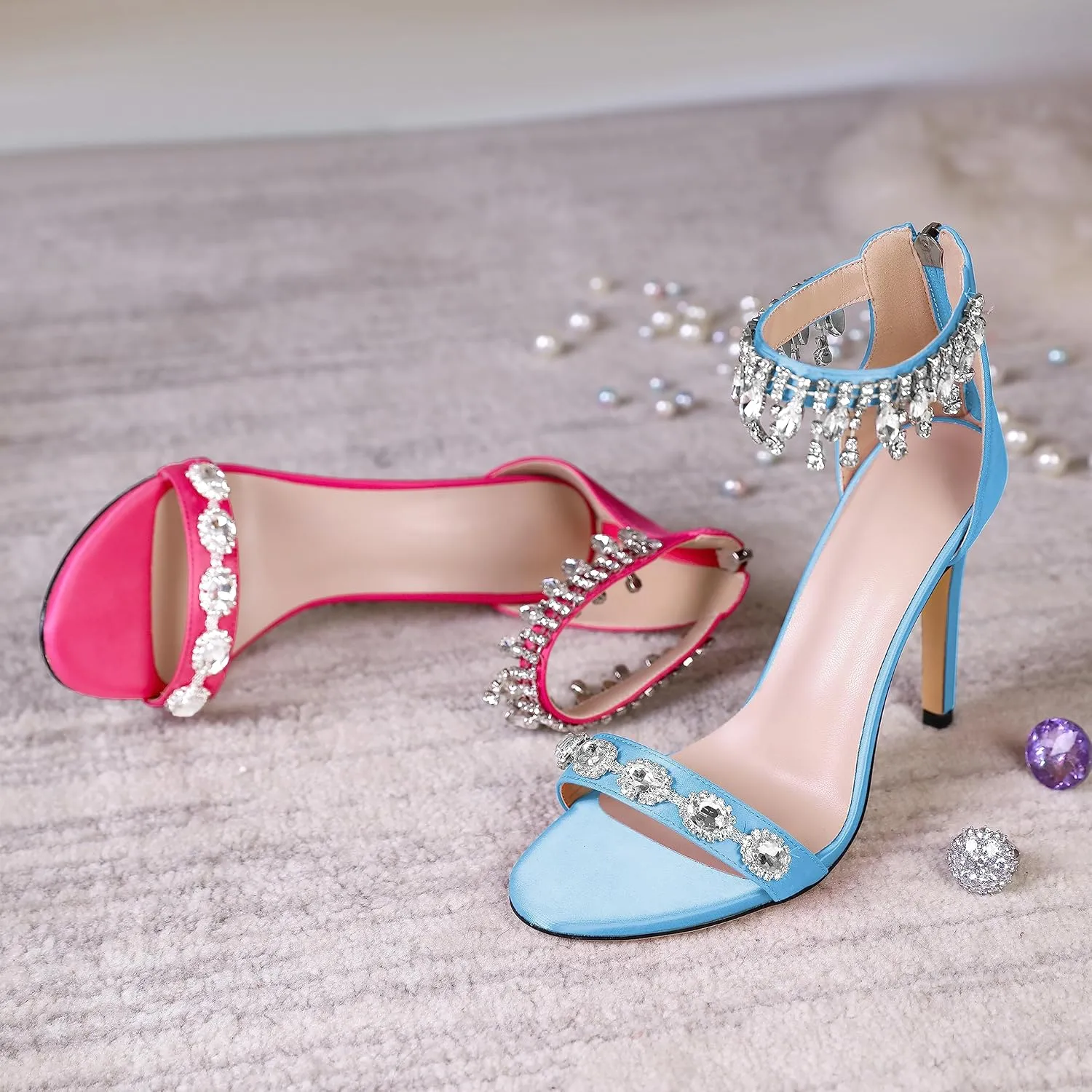 AUMOTED Women's High Heels Open Toe Pumps Stiletto Heeled Sandals Dating Beaded Pumps with Pearl Ankle Buckle Strap Bride Wedding Party Shoes 4.3 Inch