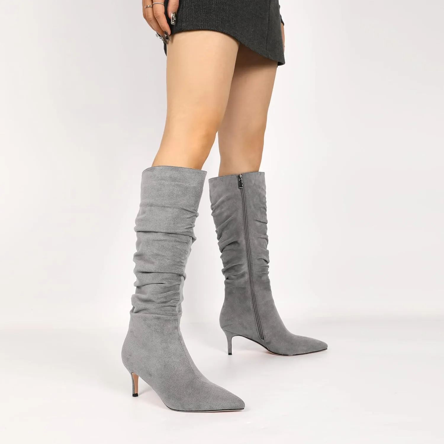 AUMOTED Womens Slouchy Knee High Boots Mid Calf Boots Kitten Heel Pointed Toe Pull On Long Boots Winter Shoes 2.5 Inch Heeled Boots