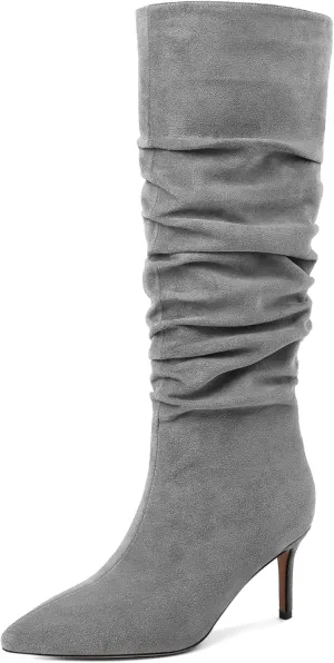 AUMOTED Womens Slouchy Knee High Boots Mid Calf Boots Kitten Heel Pointed Toe Pull On Long Boots Winter Shoes 2.5 Inch Heeled Boots