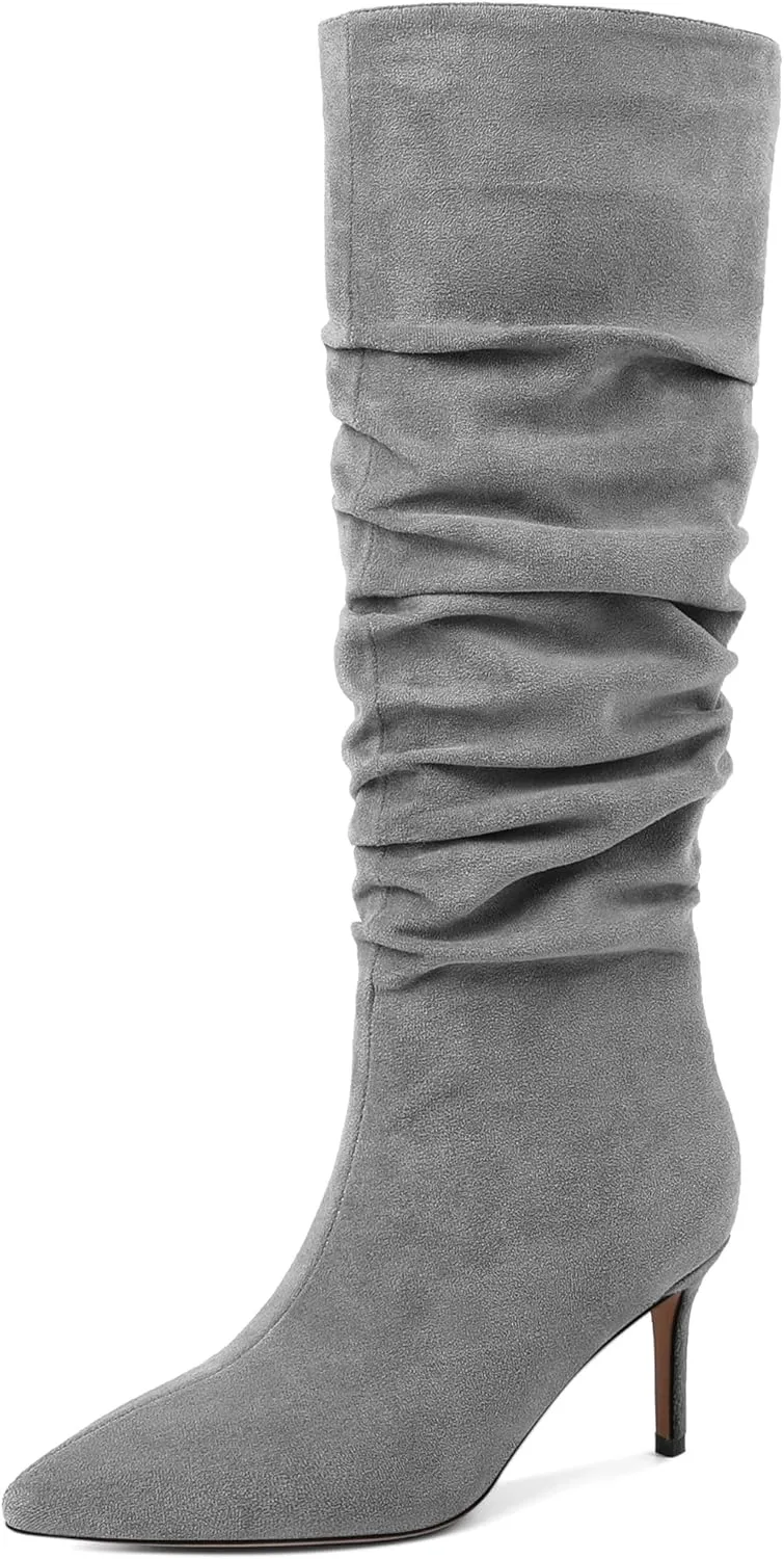 AUMOTED Womens Slouchy Knee High Boots Mid Calf Boots Kitten Heel Pointed Toe Pull On Long Boots Winter Shoes 2.5 Inch Heeled Boots