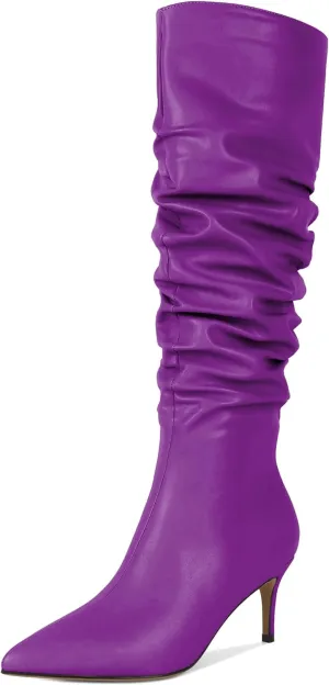 AUMOTED Womens Slouchy Knee High Boots Mid Calf Boots Kitten Heel Pointed Toe Pull On Long Boots Winter Shoes 2.5 Inch Heeled Boots