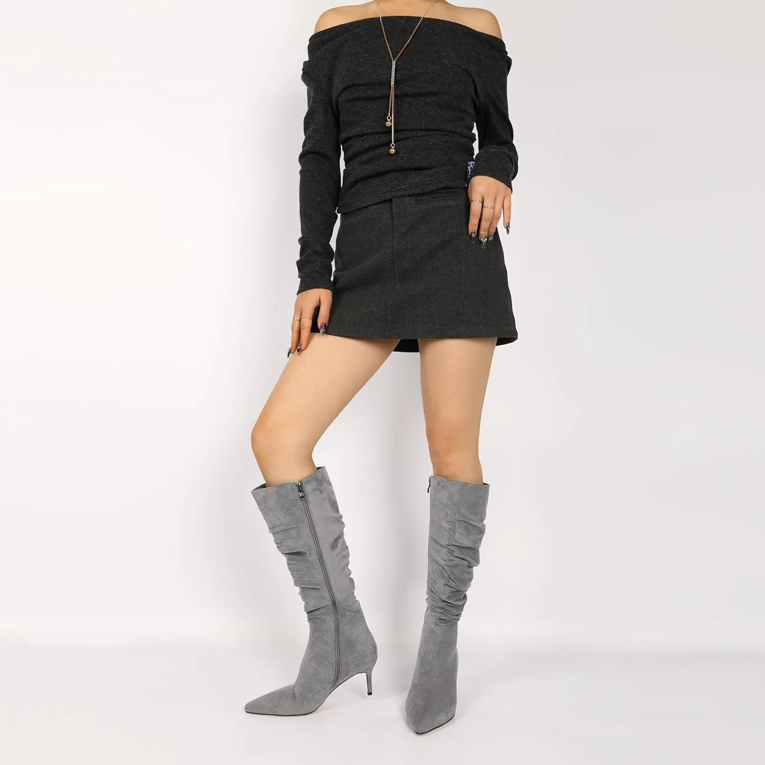 AUMOTED Womens Slouchy Knee High Boots Mid Calf Boots Kitten Heel Pointed Toe Pull On Long Boots Winter Shoes 2.5 Inch Heeled Boots