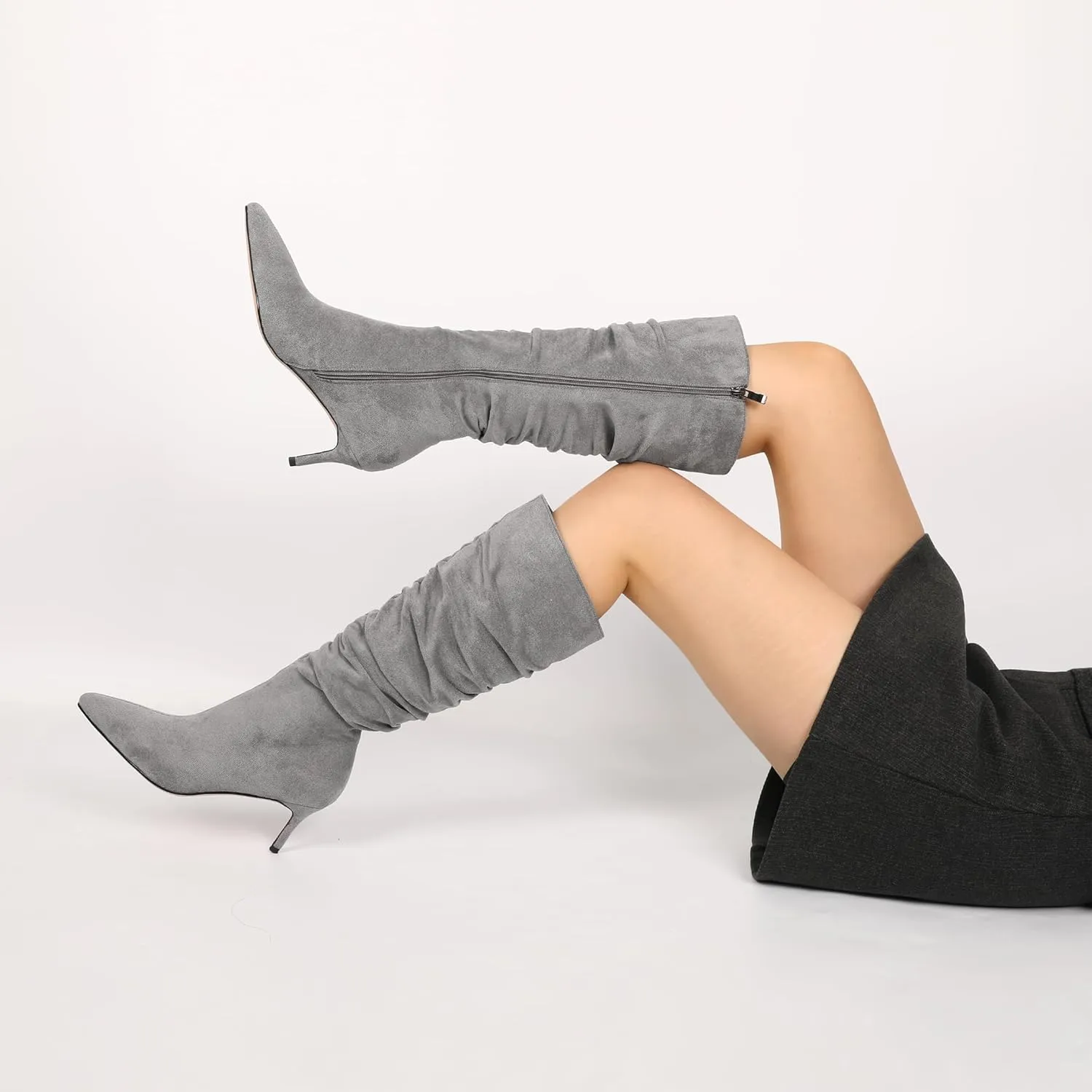 AUMOTED Womens Slouchy Knee High Boots Mid Calf Boots Kitten Heel Pointed Toe Pull On Long Boots Winter Shoes 2.5 Inch Heeled Boots